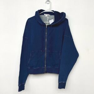 GOOD AMERICAN Indigo Distressed Denim Look Zip Up Hoodie Jacket S/M